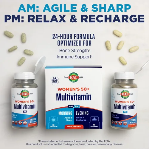 Vista 5 de KAL Plus Multivitamínico 2 en 1 para mujeres mayores de 50 años, vitamina B y D AM/PM, biotina, ginkgo biloba, fuerza ósea y apoyo inmunológico
