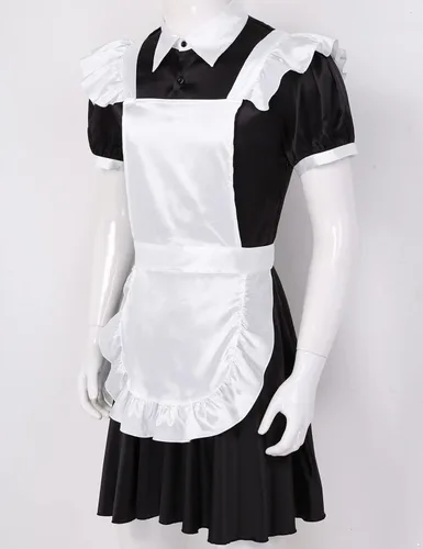 Vista 3 de QinCiao Disfraz de sirvienta para hombre, adulto, uniforme para cosplay, vestido mini babydoll con delantal francés, sirvienta, color negro