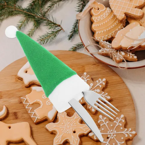 Vista 5 de Angoily 10 piezas de mini sombreros de Papá Noel de Navidad, soportes para cubiertos con bolsillos, tapas de botellas de vino, tapas de piruleta