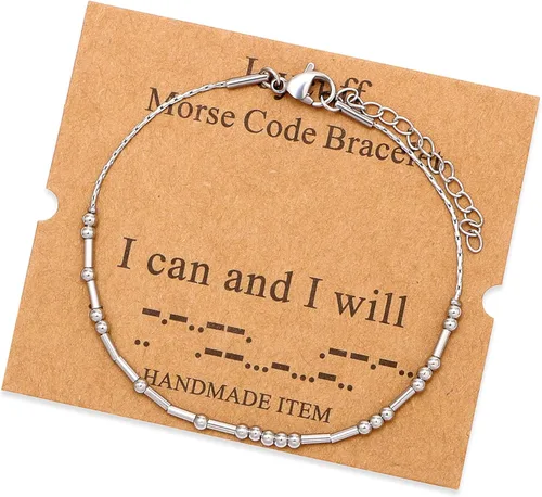 Vista 23 de JoycuFF Pulseras inspiradoras de código morse para mujeres, cuentas de plata, joyería con mantra de motivación, regalos para ella