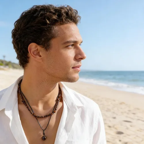 Vista 3 de Collar de capas de conchas Puka para hombres con cuentas de madera de coco marrón, collar bohemio de verano para hombres, collar de playa