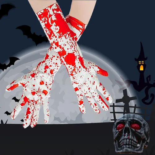 Vista 4 de Famiredo Calcetines altos y guantes para disfraz de Halloween, 1 par de guantes manchados de sangre y 1 par de calcetines manchados de sangre
