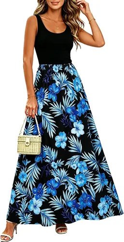 Vista 8 de Bluetime Vestido largo de verano para mujer, estilo bohemio, sin mangas, estampado floral (S-3XL)