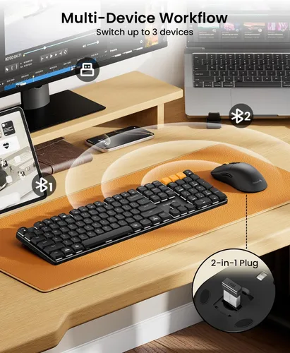 Vista 3 de ProtoArc KM310 Teclado mecánico y ratón, teclado inalámbrico recargable de aluminio, 2.4G+Bluetooth dual, interruptores rojos lineales Negro