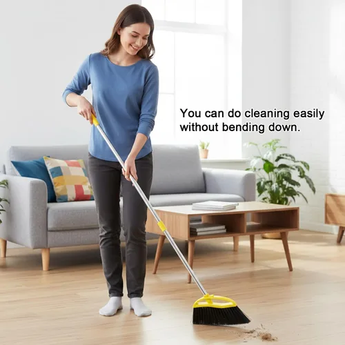 Vista 4 de Escoba de cerdas suaves para interiores, escoba angular con mango largo, escobas de barrido suave para pisos, escoba de cocina
