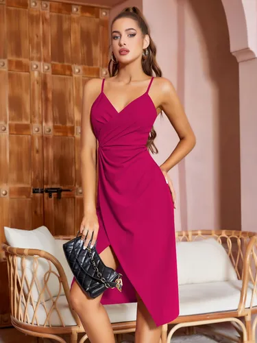 Vista 3 de Laughido Vestido de cóctel para fiesta, sin mangas, con tirantes delgados, cuello en V, fruncido, entallado, con abertura media