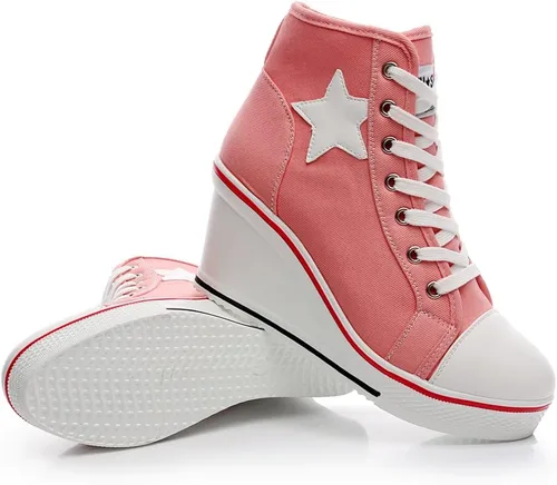 Vista 6 de Mei MACLEOD Zapatos de lona de moda con tacón de cuña, zapatos casuales con cordones para mujer, zapatos de tacón alto de 3 pulgadas