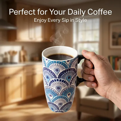 Vista 4 de Topadorn Taza de viaje de porcelana para café y té en color azul, taza de café de cerámica, 48 cl, en caja
