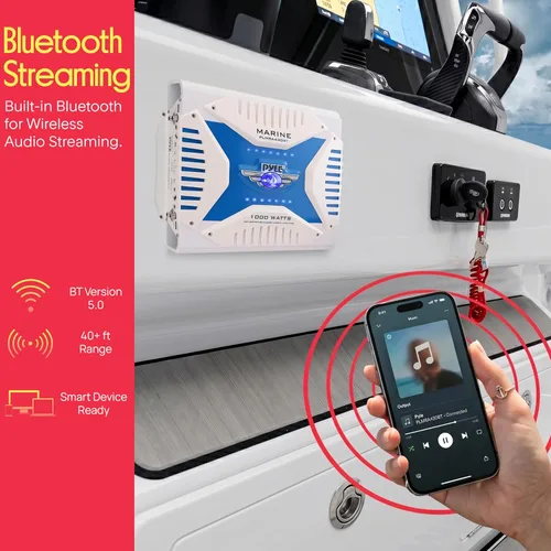 Vista 2 de Pyle Receptor de amplificador marino Bluetooth 2.1, amplificador de audio inalámbrico de 4 canales impermeable para altavoz estéreo con fuente
