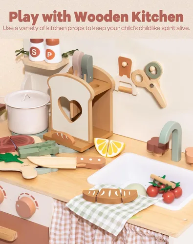 Vista 9 de ROBUD Juego de 16 cuchillos de cocina para niños, juego de cocina de madera, inspirados en Montessori, juguetes de cocina para niños pequeños