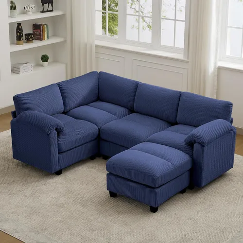 Vista 39 de Sofá modular de 61 pulgadas con otomana, asiento extra profundo para sala de estar, sofá de asiento profundo de pana con almohadas para Beige