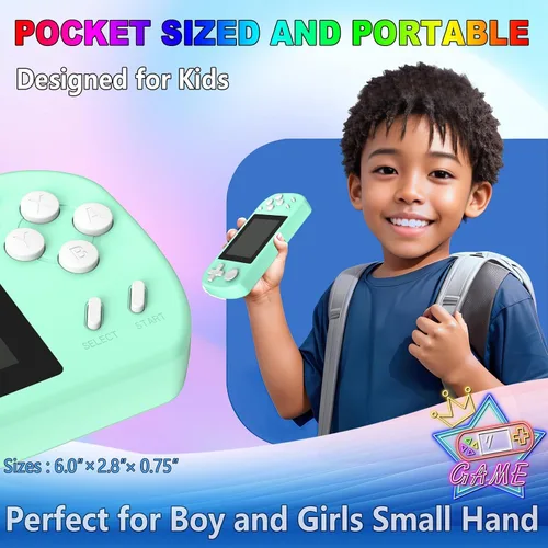 Vista 4 de Juegos de Mano para Niños con 218 Juegos de Video Integrados, Juguetes de Viaje Portátiles para Niños de 4 a 13 Años con Batería Recargable, Cian