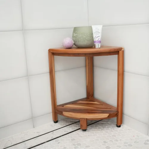 Vista 7 de EcoDecors Banco de ducha de teca SnazzyCorner® de 18" totalmente ensamblado, taburete de ducha de esquina, con estante, más botella de spray