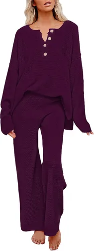 Vista 11 de Viottiset Conjunto de 2 piezas para mujer, sudadera de punto de manga larga, pantalones de pierna ancha, ropa de descanso Beige
