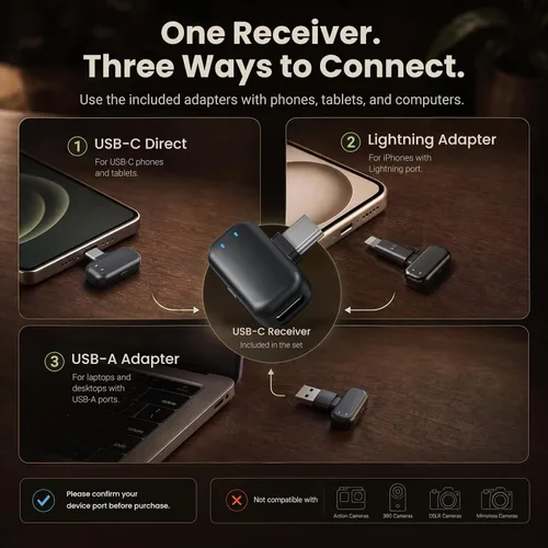 Vista 5 de Mini micrófono inalámbrico Lavalier para iPhone y cámara Android, micrófonos inalámbricos de doble canal con cancelación de ruido AI, rango de 328