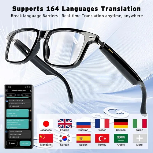 Vista 2 de Gafas inteligentes de traducción AI con Chat GPT, Bluetooth 5.3 para hombres y mujeres con 150 idiomas y acentos, IP67, lentes de cambio