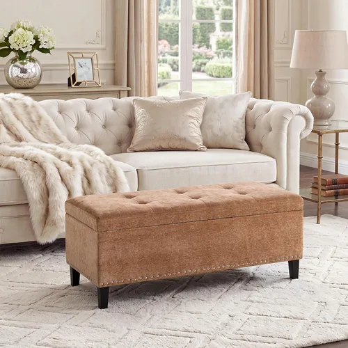 Vista 9 de otomana con almacenamiento de 41 pulgadas, banco otomano grande de almacenamiento para dormitorio Tufted Cotton Linen Bench with Nailhead Trim End