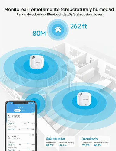 Vista 4 de Govee Smart Bluetooth termómetro higrómetro H5074, mini sensor de humedad Monitor temp/humidity with alerts, 262ft range. Export 2-yr data