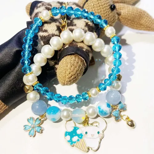 Vista 3 de Pulsera de cristal Kawaii con cuentas elásticas de dibujos animados, conjunto de pulseras a juego de pulseras de cuentas de cristal azul, rosa