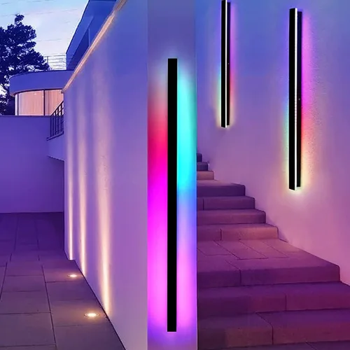 Vista 7 de Lámpara de pared LED moderna de tira larga para exteriores, aplique de pared rectangular, negro, elegante acrílico blanco esmerilado, IP65