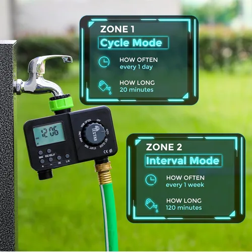 Vista 4 de Temporizador de rociador para manguera de jardín, temporizador de agua de 2 zonas, sistema de riego automático, duración de riego es de 1 min-6 h