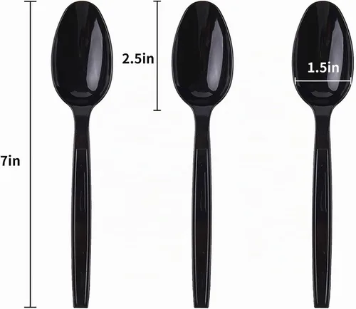 Vista 2 de cucharas de plástico desechables envasadas individualmente negras de 7 pulgadas para llevar comerciales, súper duras de masa pesada envasadas