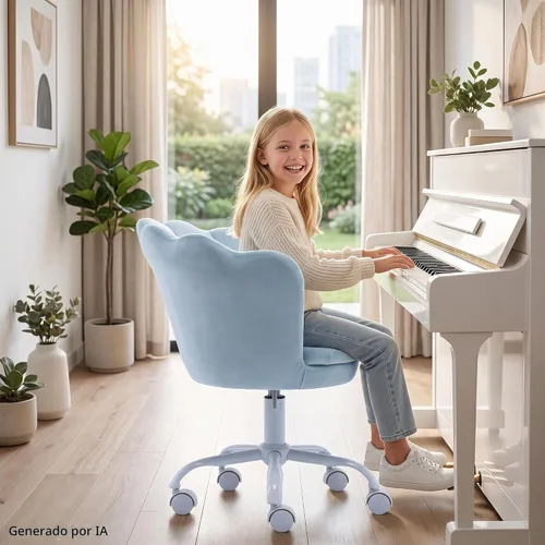 Vista 8 de Silla de escritorio para niños, silla de estudio ergonómica ajustable Silla giratoria tapizada de terciopelo para niños, silla de computadora Azul