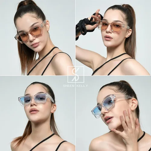 Vista 2 de SHEEN KELLY Gafas de sol rectangulares gruesas retro gruesas para mujeres y hombres, a la moda, con montura tipo tortie negra, gafas de los años 90