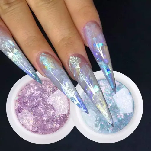 Vista 6 de 4 cajas de uñas en polvo holográfico con purpurina en polvo de ópalo cromado, escamas irregulares brillantes de sirena, lentejuelas rosa y morado
