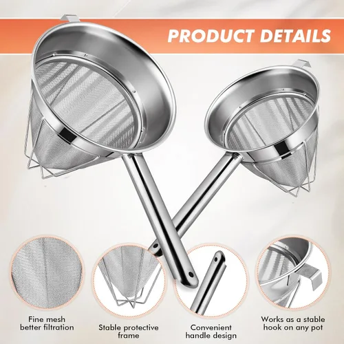 Vista 3 de Nuogo Juego de 2 coladores chinos de acero inoxidable de malla fina de metal para caldo de alimentos, colador de malla fina con mango y espátula