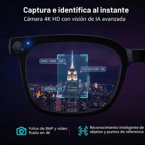 Vista 4 de Lentes inteligentes AI con cámara, gafas Bluetooth con video HD 4K y traducción en tiempo real de más de 164 idiomas ChatGPT integrado, batería de 8
