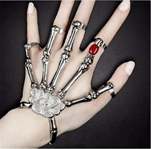 Vista 3 de Lingduan Anillo de pulsera de esqueleto de metal con dedos de calavera gótica para Halloween, moda para mujer, cadena de mano, aleación