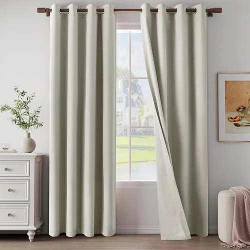 Vista 18 de Cortinas texturizadas de lino 100% opacas de 64 pulgadas de largo, juego de 2 paneles para granja, casa de campo, cortinas ligeras con ojales