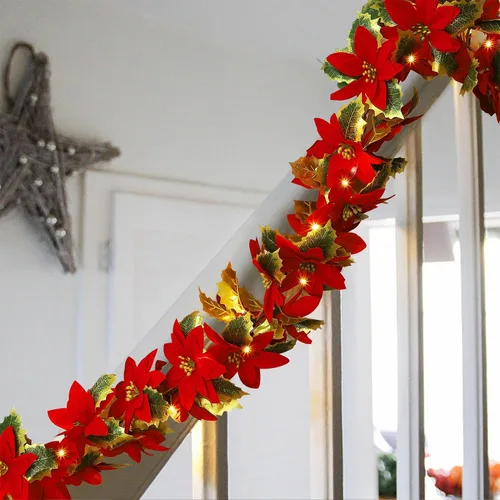 Vista 5 de Glintoper Paquete de 2 Guirnaldas de Flor de Pascua Navideña, 5.9 pies Guirnaldas Artificiales Iluminadas con 36 Flores Rojas, Funciona