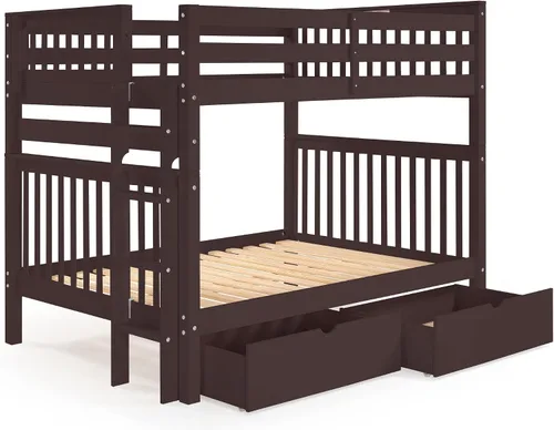 Vista 5 de Bedz King Literas de estilo misión matrimonial sobre completo con escalera de extremo y 2 cajones debajo de la cama, color cereza oscuro