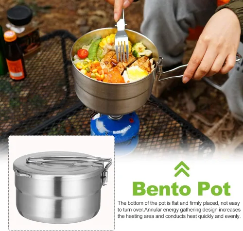 Vista 3 de DenpenTEC - Olla de acero inoxidable con tapa y mango plegable, olla Bento de gran capacidad de 1.5 L para acampar y senderismo