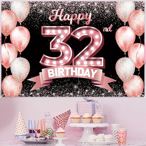Vista 278 de Cartel de feliz cumpleaños décimo oro rosa, telón de fondo, saludos a 10 años, globos de confeti, decoración temática para niñas de 10 años