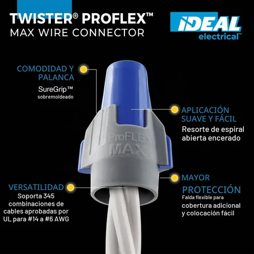 Vista 2 de IDEAL Electrical Twister ProFLEX MAX (30-348) Conector de Cable Azul/Gris, Caja de 25 — Tuercas de Cable de Rosca Suave para Cableado