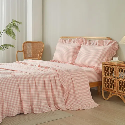 Vista 6 de LifeTB Blue Gingham Ruffle Full Sheets Set 4 Piece Boho Plaid Bed Sheets