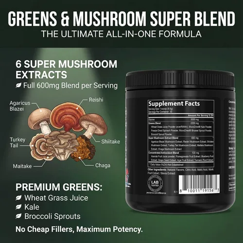 Vista 3 de PEScience Greens Powder Superfood con clorofila natural, polvo de hongos Reishi y cola de pavo, col rizada liofilizada, espinacas, brotes