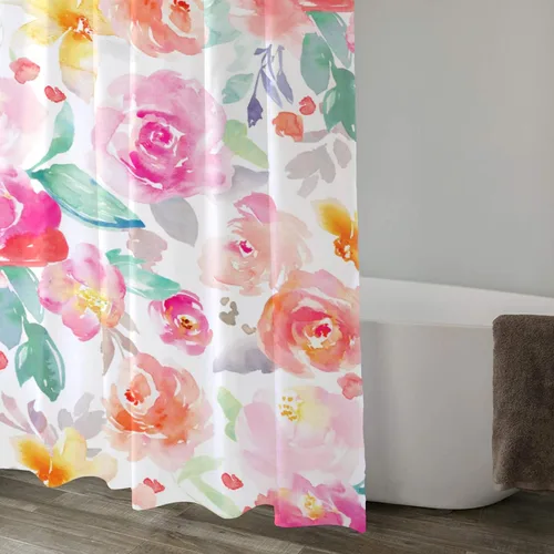 Vista 2 de Lovetar Cortina de ducha con diseño de flores de acuarela brillante, diseño femenino, tela impermeable, lavable, juego de cortinas de baño para baño