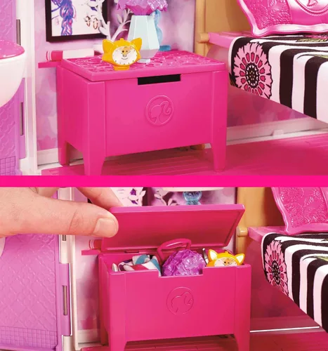 Vista 5 de Casa de Muñecas Barbie Glam Getaway, Set de Juego Portátil con Asa de Transporte y Más de 20 Accesorios Incluyendo Muebles y Decoración