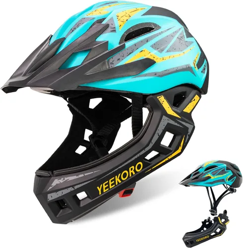 Vista 7 de Kids Bike Helmet with Chin Guard, Adjustable Full Face Helmet Negro-rojo