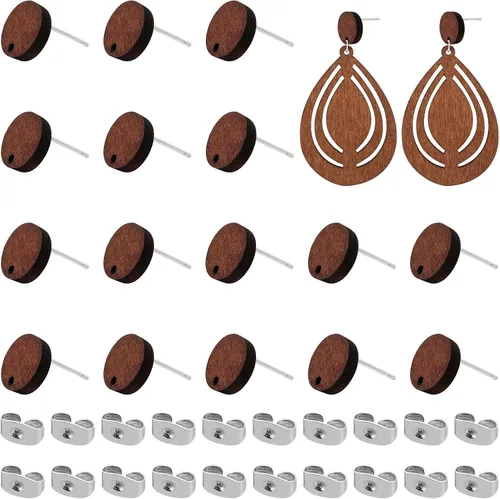 Vista 8 de Postes de madera para la fabricación de joyas, 80 piezas de aretes de madera, aretes de madera, aretes de madera, aretes a granel con parte trasera