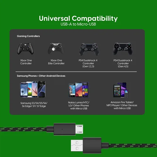 Vista 6 de TALK WORKS Controller Charger Cord for Xbox One - 2 Pack 10 ft Nylon Braided Micro USB Charging Cable - Also Android Compatible with Samsung Galaxy