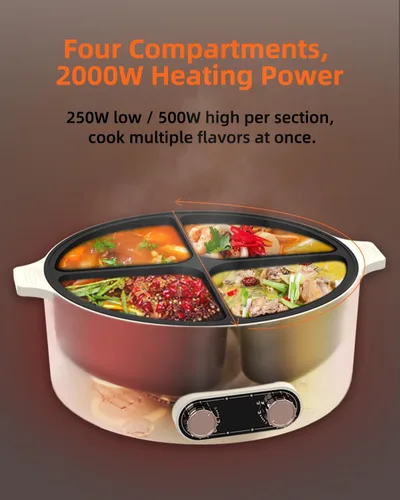 Vista 5 de Olla eléctrica con divisor, olla de 4 compartimentos, olla Shabu Shabu Shabu eléctrica de 2000 W con antiadherente, ollas calientes de 5 cuartos