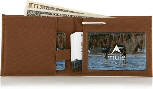 Vista 2 de Billetera de cuero para hombre, minimalista, delgada, con protección RFID, resistente al agua ventana de identificación, mini bolsillo