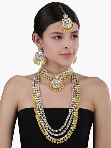 Vista 5 de Aheli Indian Wedding Kundan Beaded Bridal Long Choker Necklace Earrings with Maang Tikka Traditional Jewellery Set for Women