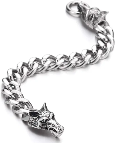 Vista 3 de COOLSTEELANDBEYOND Biker Punk Rock Mens Stainless Steel Wolf Head Curb Chain Bracelet with Spring Ring Clasp, 9 Inches