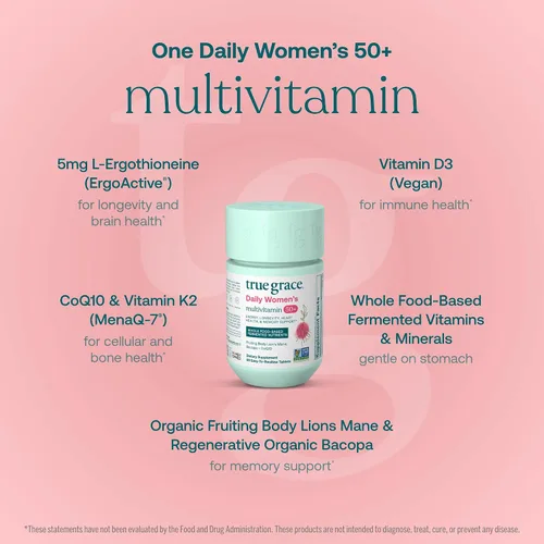 Vista 3 de True Grace Daily Women's Multivitamin 50+ - 60 tabletas fáciles de tragar - Inmune, energía, longevidad y apoyo de memoria - Vegano - Sin gluten